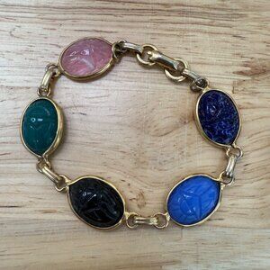 Coro Vintage Gold-Tone Scarab Bracelet Multicolor Gemstones & Toggle Clasp